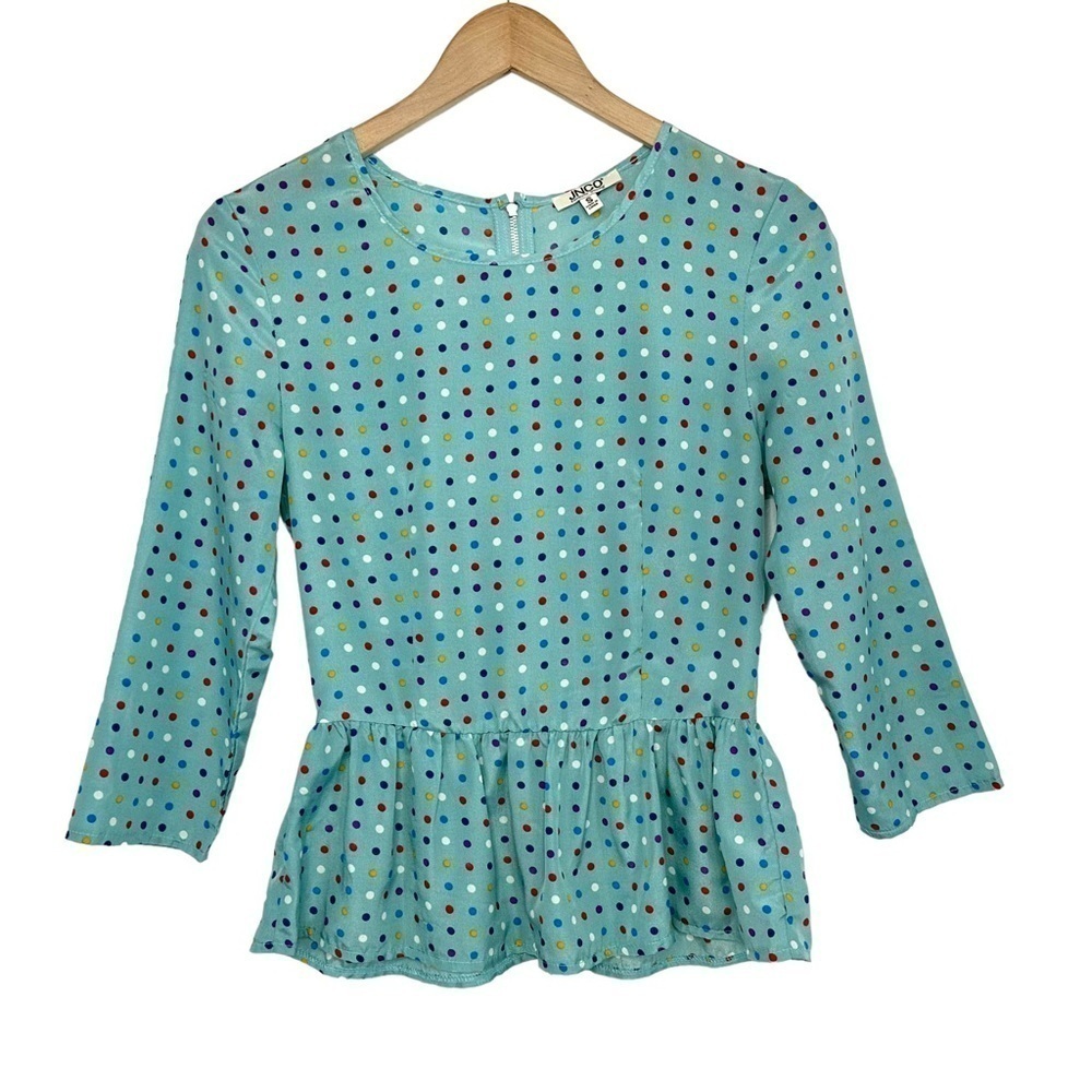 JNCO Polka Dot Peplum Blouse Sz Small Blue 3/4 Sleeves Zip Back Lightweight